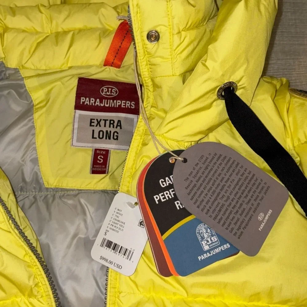 Parajumpers Panda Extra Long Down Jacket Puffer Coat Small Charlock Yellow NEW